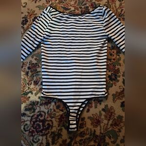 Free People Black and White Striped  Bodysuit